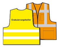 warnwesten bedruckt mit funktion von helfern wie evakuierungshelfer sammelstellenleiter raeumungshelfer und brandschutzhelfer