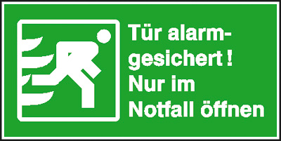 Rettungszeichen: Tür alarmgesichert! Nur im Notfall öffnen | Aufkleber | 14,8x7,4cm