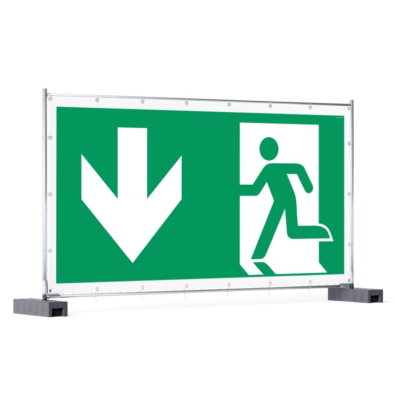 Rettungzeichen: Notausgang links abwärts | Bauzaunbanner | 340x173 cm