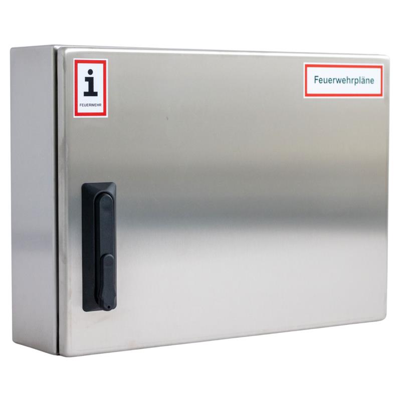 A3-Wandschrank für Feuerwehrpläne | Edelstahl | Schwenkhebelgriff für Profilhalbzylinder