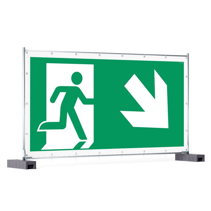 Rettungzeichen: Rettungsweg rechts abwärts | Bauzaunbanner | 340x173 cm