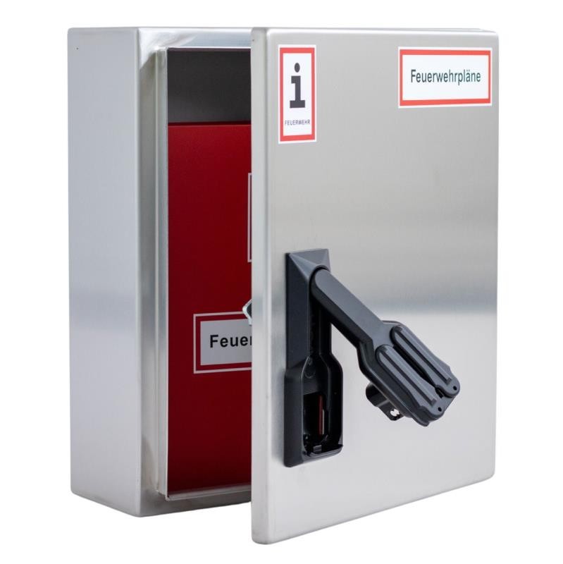 A4-Wandschrank für Feuerwehrpläne | Edelstahl | Doppelschwenkhebel für 2 PHZ
