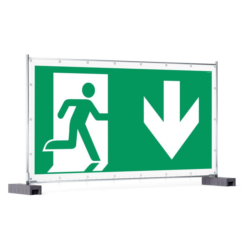 Rettungzeichen: Notausgang rechts abwärts | Bauzaunbanner | 340x173 cm