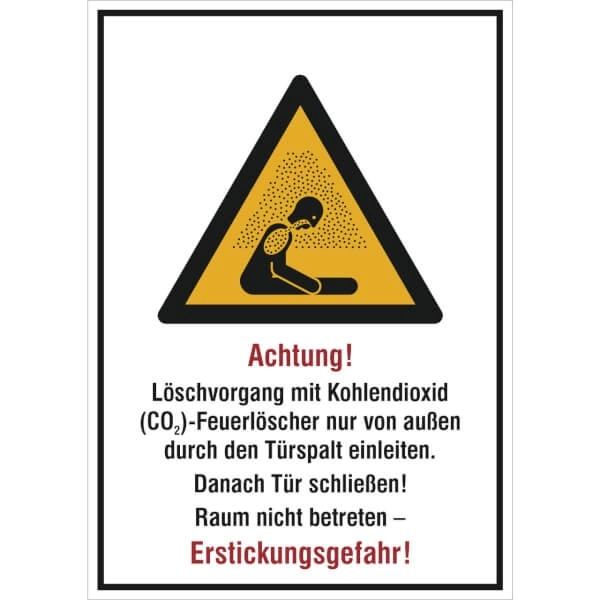 Warnschild: Achtung! Löschvorgang mit CO2-Feuerlöscher im Raum einleiten