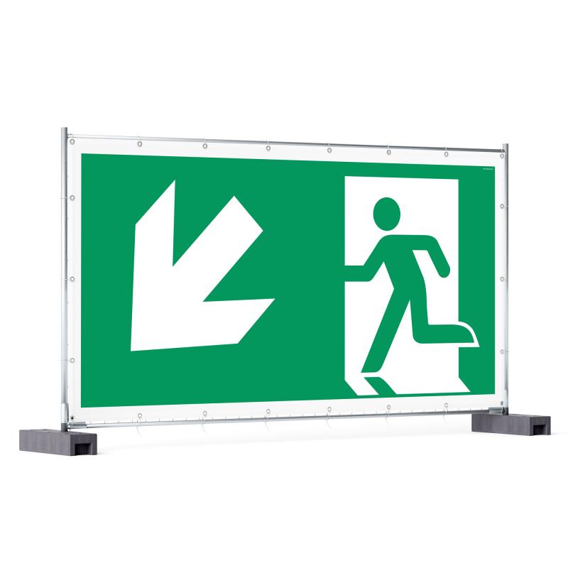 Rettungzeichen: Rettungsweg links abwärts | Bauzaunbanner | 340x173 cm