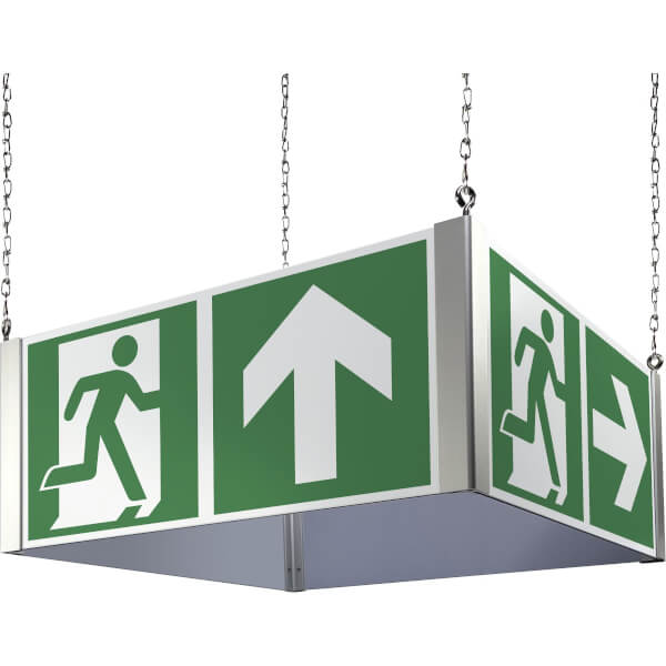 Rettungszeichen: Notausgang mit Zusatzzeichen | Deckenwürfel | 105,7x50cm