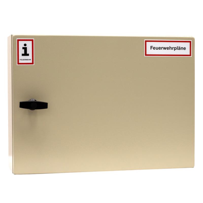 A3-Wandschrank für Feuerwehrpläne | Stahlblech RAL 7035 | Drehgriff