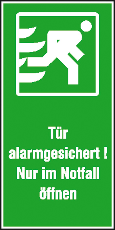 Rettungszeichen: Tür alarmgesichert! Nur im Notfall öffnen | Aufkleber | 7,4x14,8cm