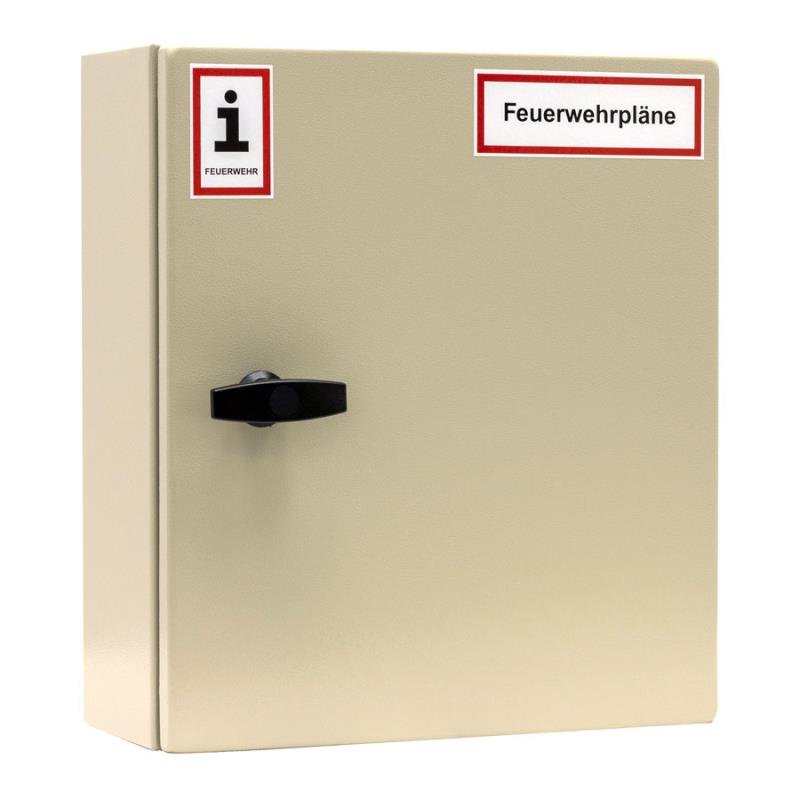 A4-Wandschrank für Feuerwehrpläne | Stahlblech RAL 7035 | Drehgriff