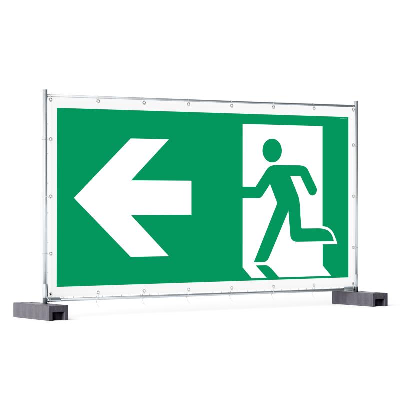 Rettungzeichen: Rettungsweg links | Bauzaunbanner | 340x173 cm