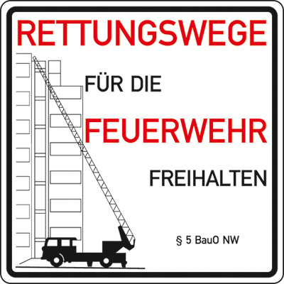 Hinweisschild für die Feuerwehr: Rettungswege, §5 BauO NW | Aluminium | 50x50cm