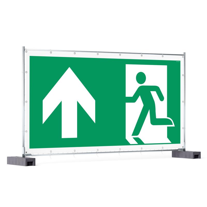 Rettungzeichen: Notausgang links geradeaus/aufwärts | Bauzaunbanner | 340x173 cm